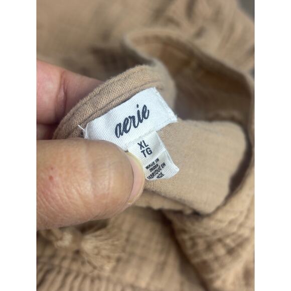 Aerie Cotton Gauze Tiered Mini Dress Tan Beige Puff Sleeve V-Neck Size XL Boho - Picture 5 of 8
